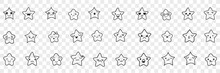 Stars With Emoji Faces Doodle Set. Collection Of Hand Drawn Cute Funny Stars With Positive And Negative Facial Expressions Emoticon Isolated On Transparent Background