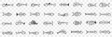 Fish Bones Pattern Doodle Set. Collection Of Hand Drawn Various Shapes Of Fish Bones Skeleton With Head Isolated On Transparent Background