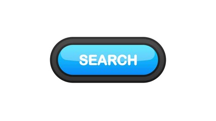 Poster - Search blue realistic 3D button isolated on white background. Hand clicked. Motion graphic.