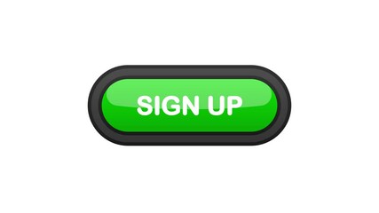 Poster - Sign UP green realistic 3D button isolated on white background. Hand clicked. Motion graphic.