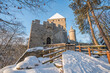 Medieval castle Kokorin in winter during sunrise. National park Kokorinsko nearby Prague in Czech Republic. Central Europe.