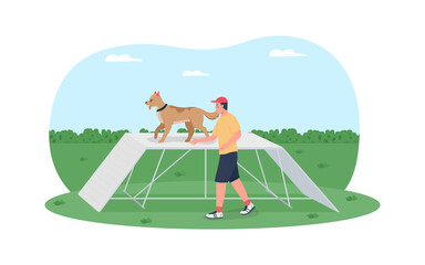 Poster - dog training on obstacle course 2d vector web banner, poster. pet owner with doggy companion flat ch