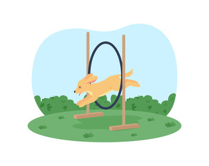 Poster - puppy training 2d vector web banner, poster. animal jumping through hoop flat character on cartoon b