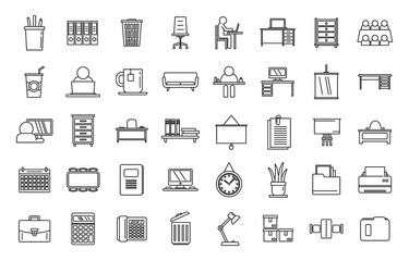 Poster - work space organization icons set, outline style
