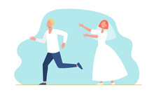 Groom Man Running From Bride Woman In Wedding Dress. Married Couple Flat Vector Illustration. Marriage, Wedding Party, Newlyweds Concept For Banner, Website Design Or Landing Web Page