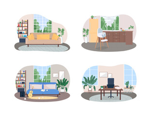 Fototapete - Home space 2D vector web banner, poster set. Living room. Kitchen with highchair. Workplace with desk. Modern flat interior on cartoon background. Household printable patch, colorful web element pack