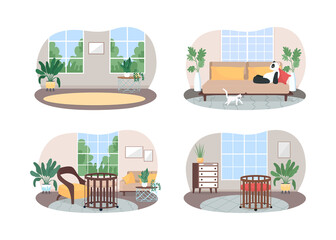 Poster - Living home space for family 2D vector web banner, poster set. Baby crib. Lounge area. Household flat scene on cartoon background. Living room printable patch, colorful web element collection