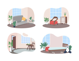 Poster - Family rooms interior 2D vector web banner, poster set. Child's bedroom. Hallway with open door. Home flat scene on cartoon background. Household printable patch, colorful web element collection