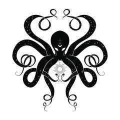 Occult illustration of black octopus. Hand drawn poster with mystical octopus. Boho styled tattoo design with sun and stars. 