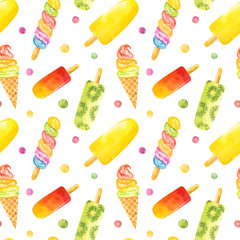 Wall Mural - Seamless pattern with watercolor ice cream isolated on white background.