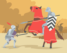Knight On Horse And Dismount Warrior Fighting. Brave Medieval Solders Men People In Heavy Steel Armor. Flat Vector Illustration. Chivalry, Antique History Concept