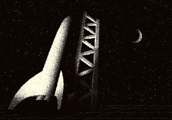 Wall Mural - Space rocket ready to start on launching site. Spaceship takeoff countdown illustration with retro dotwork style