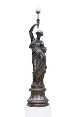 Bronze Statue Roman woman holding a torch, Lady lamp, Isolated on white background.