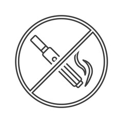 Electronic cigarette smoking ban icon. Simple line drawing of an electronic cigarette in a circle with a line through it. Isolated vector on pure white background.