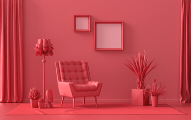 Wall Mural - Gallery wall with 2 frames, in monochrome flat single dark red, maroon color room with furnitures and plants,  3d Rendering