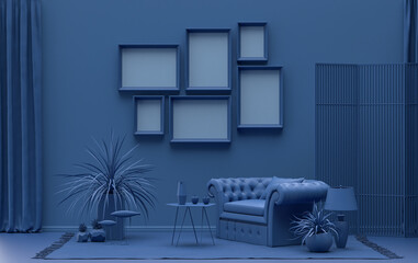 Wall Mural - Wall mockup with six frames in solid flat  pastel dark blue color, monochrome interior modern living room with furnitures and plants, 3d rendering