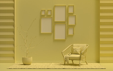 Minimalist living room interior in flat single pastel light yellow color with 8 frames on the wall and furnitures and plants, in the room, 3d Rendering