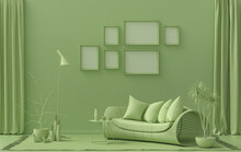 Poster Frame Background Room In Flat Light Green Color With 6 Frames On The Wall, Solid Monochrome Background For Gallery Wall Mockup, 3d Rendering