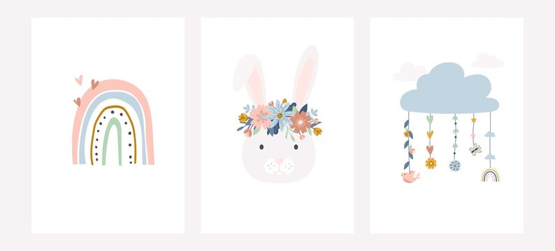 Wall Mural - Cute vector pastel cards set for baby room decoration. Bunny head with floral wreath, rainbow, hearts, cloud and flowers in cartoon flat style, Vector illustration for poster, greeting card, print etc
