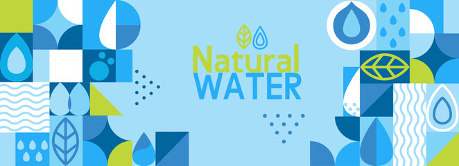 Natural water,horizontal geometric banner in flat style.Drink more water.Geometry minimalistic water drops,simple shapes of wave,leaf,drop.Great for flyer,web poster,templates,cover design.Vector .