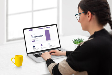 Poster - Website development concept. Woman designs a website layout. Modern flat webpage design