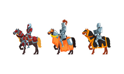 Canvas Print - Armored Medieval Knight or Cavalryman Sitting on Horseback Vector Set