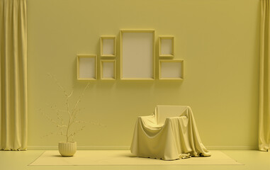 Wall Mural - Wall mockup with six frames in solid flat  pastel light yellow color, monochrome interior modern living room with a chair covered with cloth and plants, 3d rendering