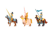Armored Medieval Knight Or Cavalryman Sitting On Horseback Holding Lance Vector Set