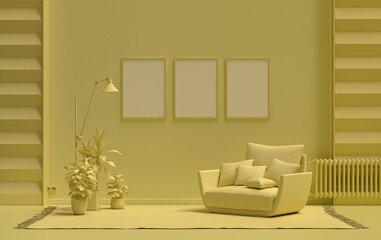 Gallery wall with three frames, in monochrome flat single light yellow color room with furnitures and plants,  3d Rendering