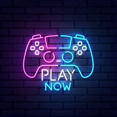 Wall Mural - Play Now neon sign, bright signboard, light banner. Game logo neon, emblem. Vector illustration