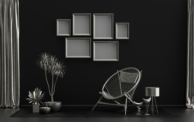 Wall Mural - Poster frame background room in flat black and metallic silver color with 6 frames on the wall, solid monochrome background for gallery wall mockup, 3d rendering