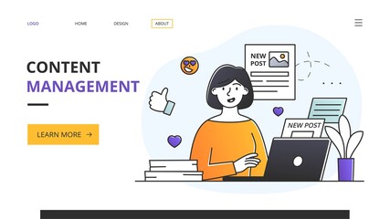 Poster - content management concept with editor working at her desk