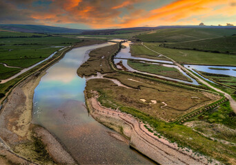  Cuckmere river, East Sussex, England as seen from above during sunrise