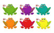 Cute cartoon frogs. Vector amphibian animal characters set isolated on white. Green froggy collection. Different color frog. Red, violet, yellow, blue, green croaking animals . Hand drawn little frogs