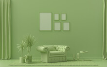 Flat Color Interior Room For Poster Showcase With 5 Frames  On The Wall, Monochrome Light Green Color Gallery Wall With Furnitures And Plants. 3D Rendering