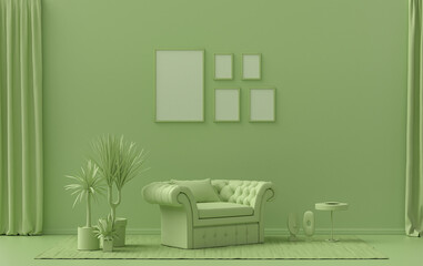 Flat color interior room for poster showcase with 5 frames  on the wall, monochrome light green color gallery wall with furnitures and plants. 3D rendering