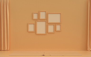 Mock-up poster gallery wall with 7 frames in solid pastel orange pinkish room without furniture and empty, 3d Rendering