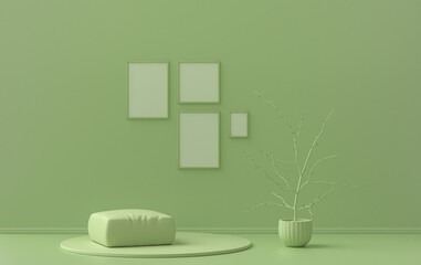 Interior room in plain monochrome light green color, 4 frames on the wall with single chair and plants, for poster presentation, Gallery wall. 3D rendering