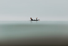 Young Female Surfer Lying On Surfboard In Calm Misty Sea, Full Length Portrait, Ventura, California, USA