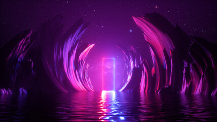 Wall Mural - 3d abstract neon background. cosmic landscape, terrain at night with rocks and water. rectangular fr