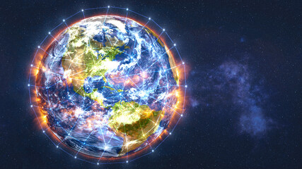 Wall Mural - earth planet of solar system with fire flares and data lines. data exchange and global network over 