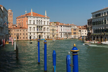 Blue Mooring Posts, Water Taxis On Grand Canal, Renaissance Architectural Style Residential Palace Buildings, San Polo District, Venice, Veneto, Italy