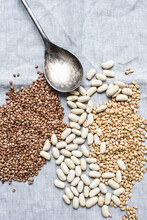 Still Life Of Dessert Spoon With Lima Beans, Pearl Barley And Hemp Seeds, Overhead View