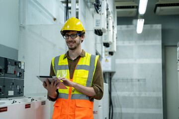 Aufkleber - Electrical engineers use digital tablet checking in power plant control room at large industry factory.