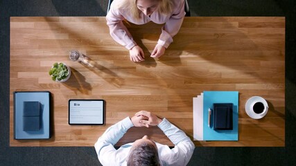 Wall Mural - Top view of woman having a job interview.