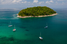 Sailboats Around Ko Man Island, View From Ya Nui Beach, Phuket, Thailand