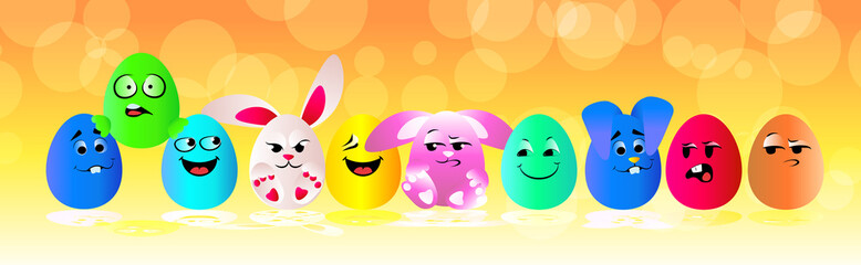 Wall Mural - happy easter holiday celebration banner flyer or greeting card with cute colorful eggs mascot characters