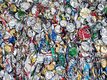 Close Up Of Waste Aluminum Cans For Recycling In Waste Recycling Plant.