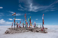 Display Of Various Country Flags On Uyuni Salt Flats, Salar De Uyuni, Uyuni, Bolivia.