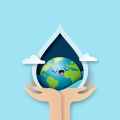 Aufkleber - World water day.Hand holding earth in water drop.Paper art of save water for ecology and environment conservation concept design.